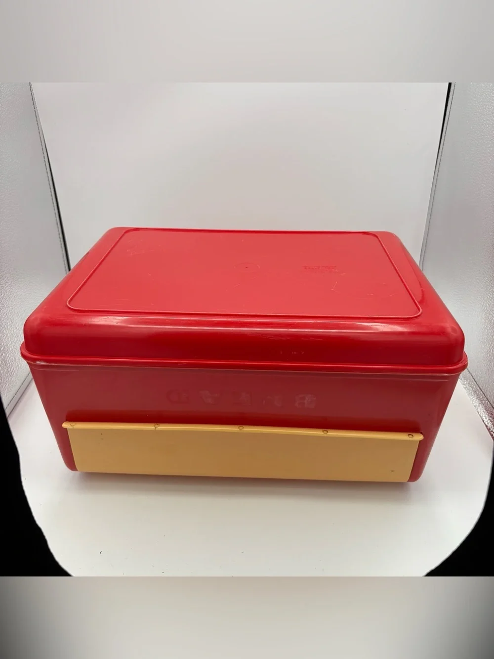 Vtg MCM 50’s Retro Kitchen Lustro Ware Bread Box B-20 Red Yellow Plastic Decor